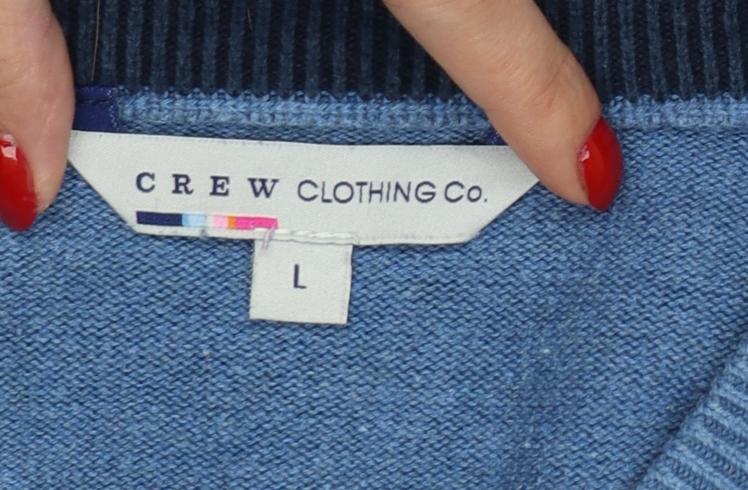 Crew Clothing Co. Men's Blue L V-Neck Cotton Cashmere Logo Pullover Jumper