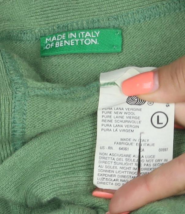 Benetton Women Green L Wool V-Neck Button Cardigan Made in Italy