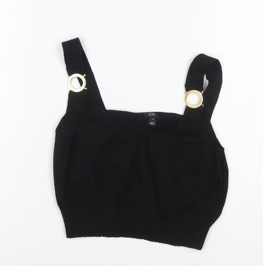 River Island Women Black UK 12 Cropped Knit Tank Top Gold Ring Straps
