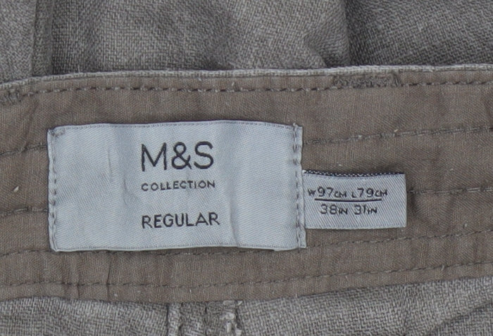 M&S Men’s Brown Linen Blend Regular 38W 31L Straight Trousers