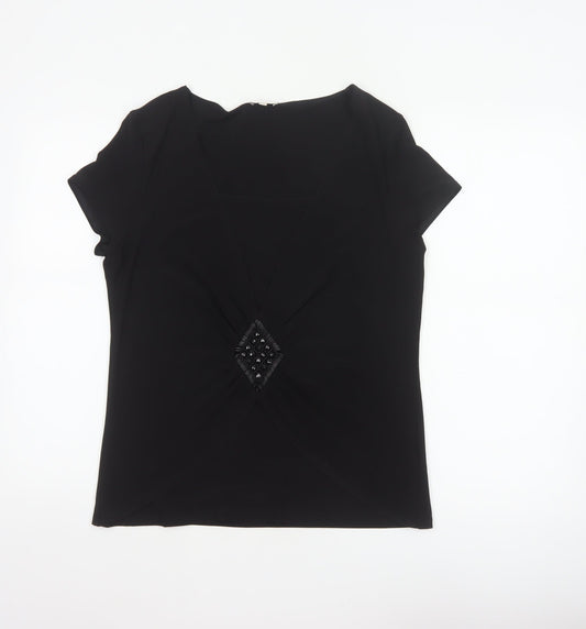 Additional front view of Kaliko Women’s Black UK 16 V-Neck Beaded Short Sleeve Blouse