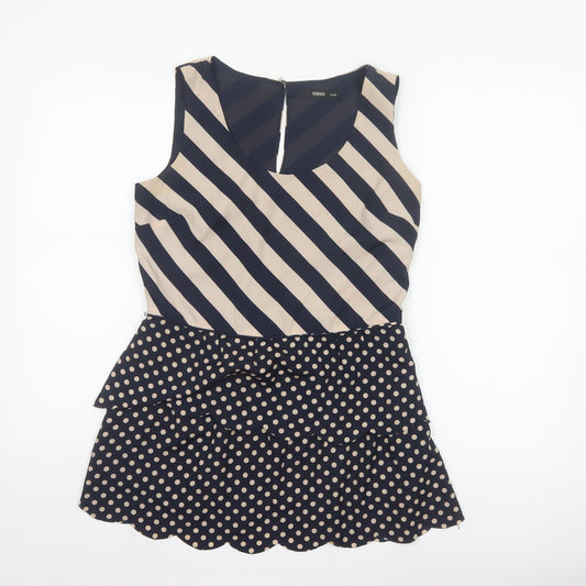 Oasis Women Blue Beige UK 10 Sleeveless Ruffle Polka Dot Stripe Blouse