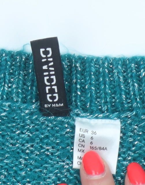 H&M Divided Women’s Teal Metallic Knit Jumper UK 8 Crew Neck