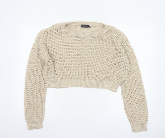 PRETTYLITTLETHING Women Beige S Open-Knit Crew Neck Cropped Jumper