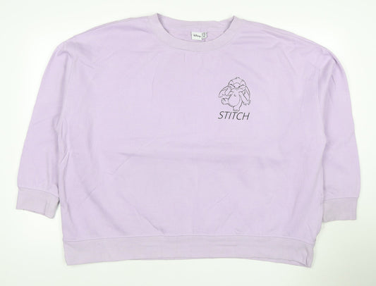 Front view of Disney Women’s Purple XS Stitch Graphic Pullover Sweatshirt Crew Neck