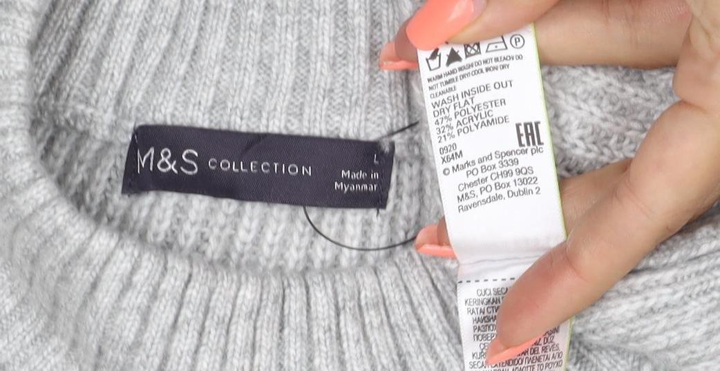 M&S Women Grey Size 12 Cable Knit Mock Neck Raglan Jumper
