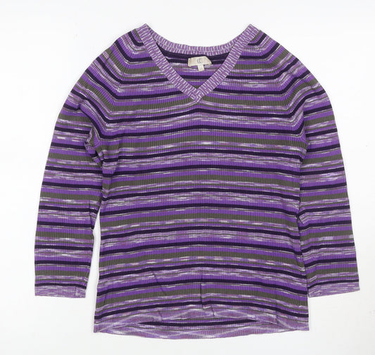 Country Casuals Women's Purple Striped V-Neck Rib Knit Pullover Jumper M