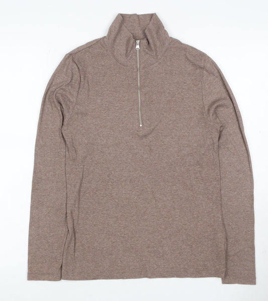Marks & Spencer Women Brown UK 8 Ribbed Half Zip High Neck Long Sleeve Top