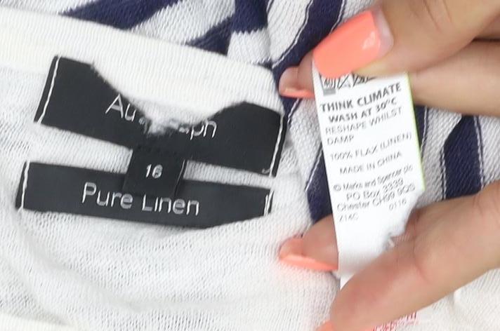 Brand and care label for Autograph Women’s Navy Ivory Striped Pure Linen Knit Top UK 16