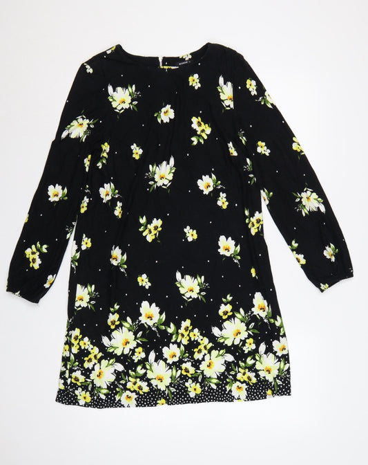 Additional front view of Roman Women Black Floral Long Sleeve Shift Dress UK 12 Knee Length