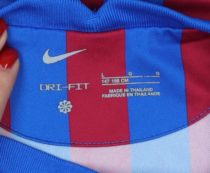 Nike Boys Barcelona Blue Red Striped Football Jersey 158 Short Sleeve