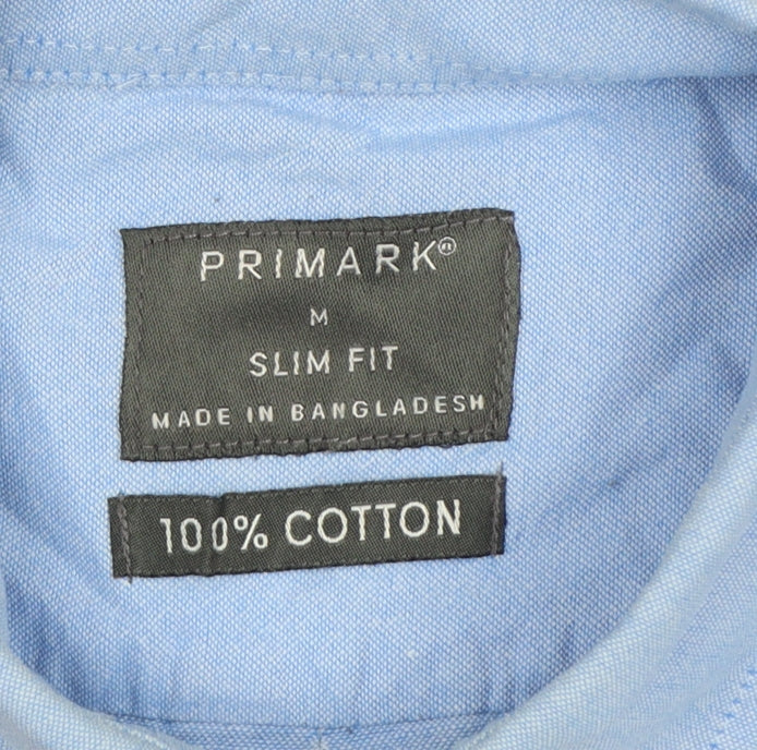 Primark Men Blue M Slim Fit Cotton Button-Down Long Sleeve Shirt