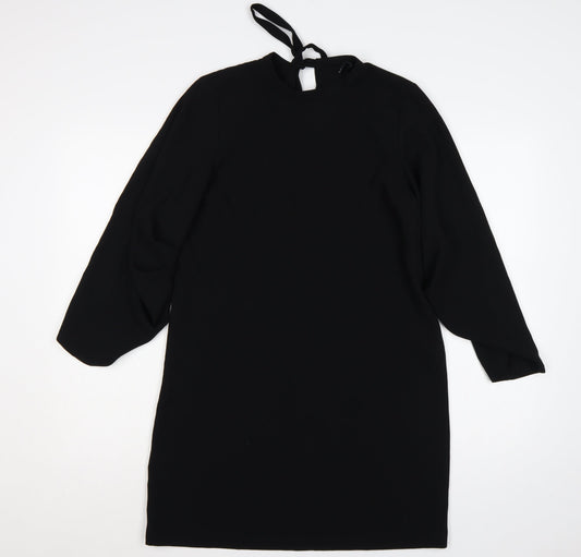 Additional front view of Zara Woman Black, size M, Sheath Knee Dress Balloon Sleeves Tie Neck