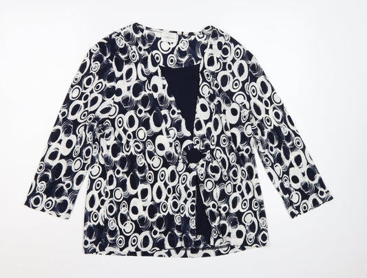 Eastex Women's Blue Geometric Basic V-Neck Long Sleeve Blouse UK 16