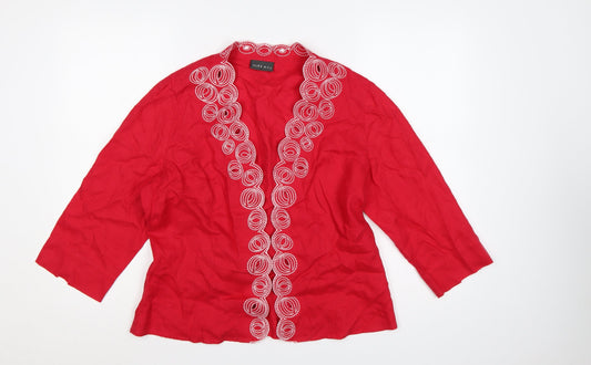 Additional front view of Alex & Co Women Red Linen Embroidered Open Kimono Blouse UK 16