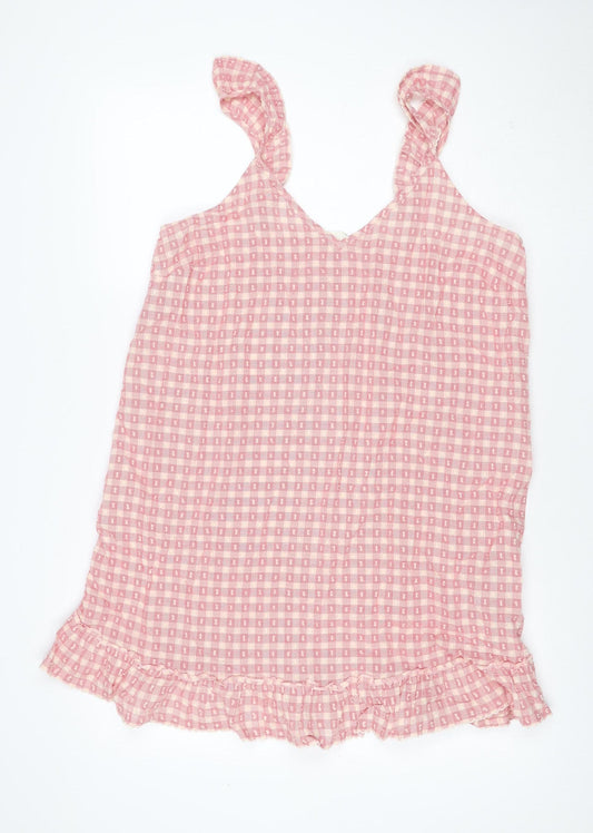 Marks and Spencer Women Pink Check Tie Strap Ruffle Shift Dress UK 8