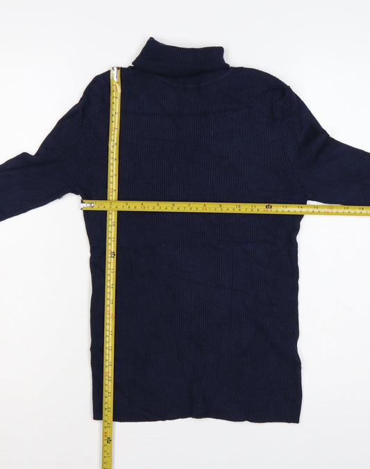 Marks and Spencer Women Blue Size 12 Ribbed Roll Neck Knit Jumper