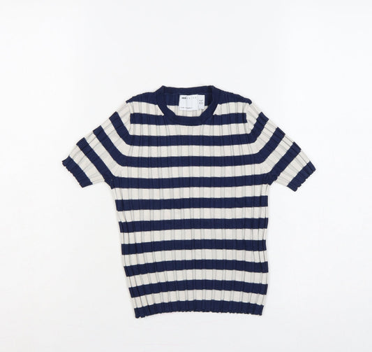 ASOS Design Women’s Blue White Stripe Rib Knit Short Sleeve Jumper UK 8