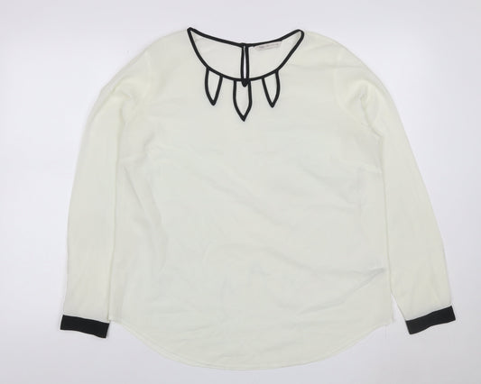 Marks & Spencer Women Ivory Size 14 Chiffon Blouse Black Trim