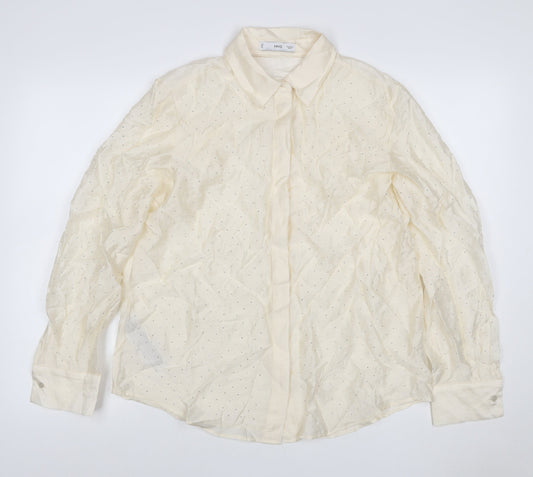 Mango Women Ivory UK 10 Sheer Rhinestone Long Sleeve Button-Up Blouse