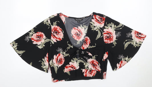 Additional front view of Miss Selfridge Women Black Floral Kimono Tie Front Blouse UK 12