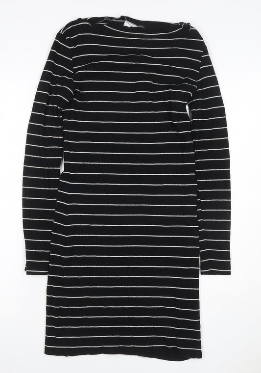 Additional front view of Jacqueline de Yong Women Black Striped Bodycon Knit Dress M