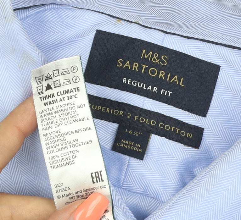 Marks and Spencer Men's Blue 16.5 Regular Fit Herringbone Cotton Shirt