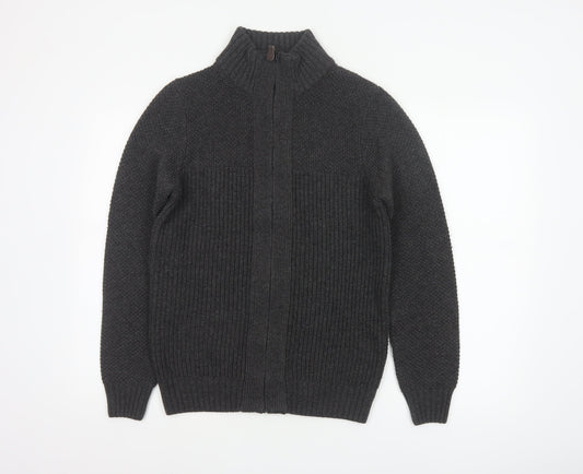 Back view of Next Men's Grey, size S, Full Zip High Neck Knit Cardigan Pockets