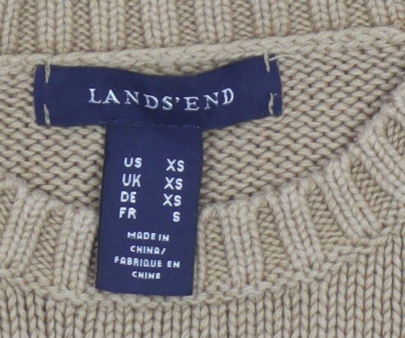 Lands' End Women Beige XS Cotton Crew Neck Button Shoulder Jumper