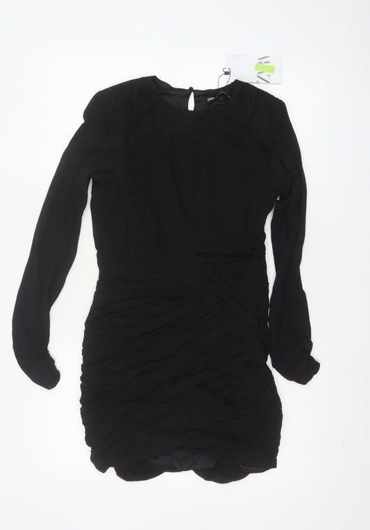 Zara Women Black S Ruched Bodycon Mini Dress Balloon Sleeves