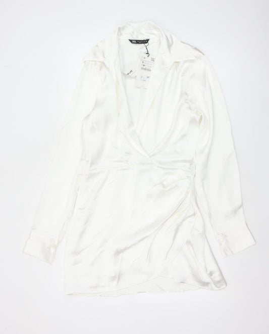 Zara Women White S Wrap Dress Collared Long Sleeve