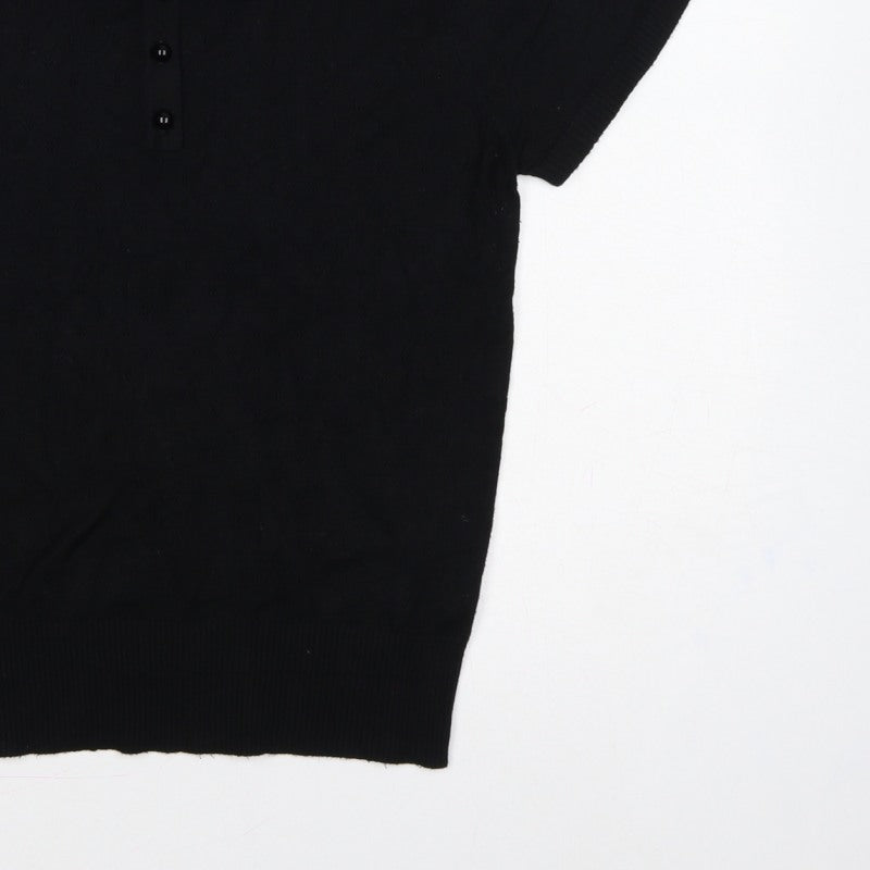 Collectif Women Black UK 12 Henley Collared Short Sleeve Knit Jumper