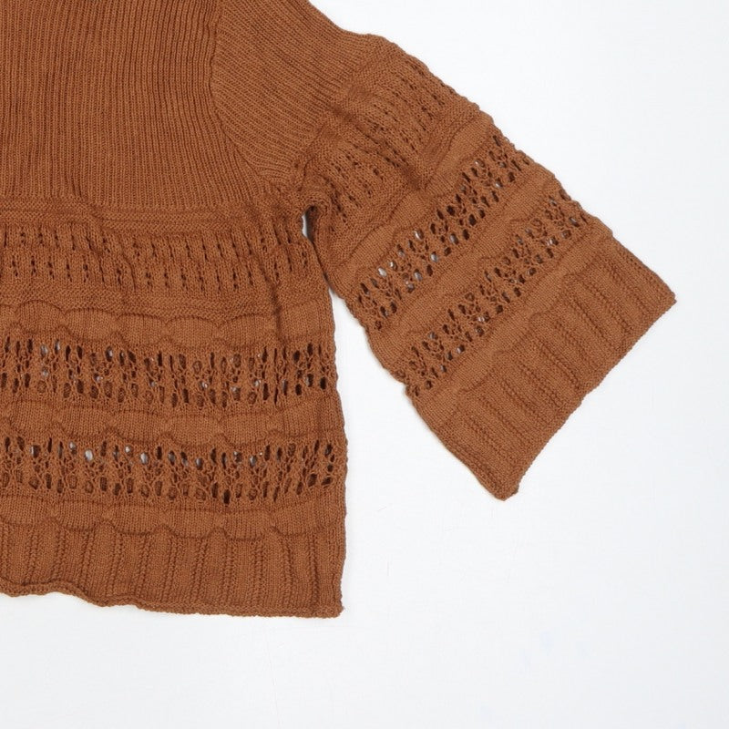 MNG Women Brown M Open Knit 3/4 Bell Sleeve Pullover Jumper
