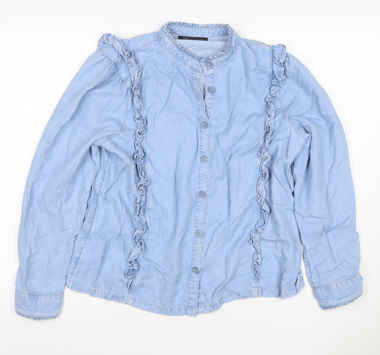 Marks & Spencer Women Blue Size 16 Lyocell Ruffle Button Blouse Long Sleeve