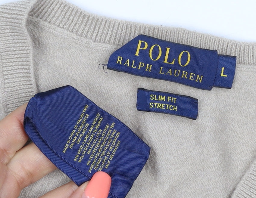 Polo Ralph Lauren Men’s Beige L Slim Fit Cashmere Wool V-Neck Jumper