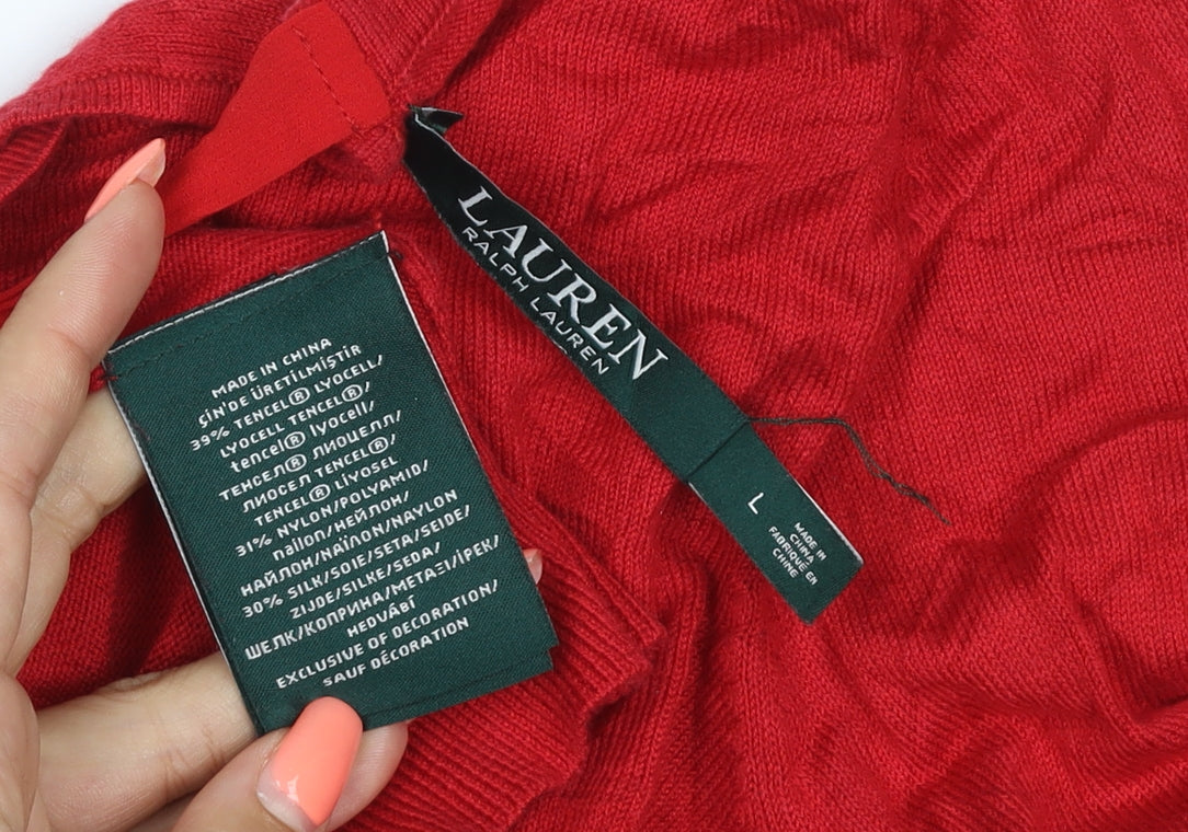 Brand and care label for Lauren Ralph Lauren Women Red L Silk Blend Tie Neck Knit Blouse