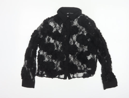 Zara Women Black S Cropped Floral Lace Sheer Button-Up Shirt