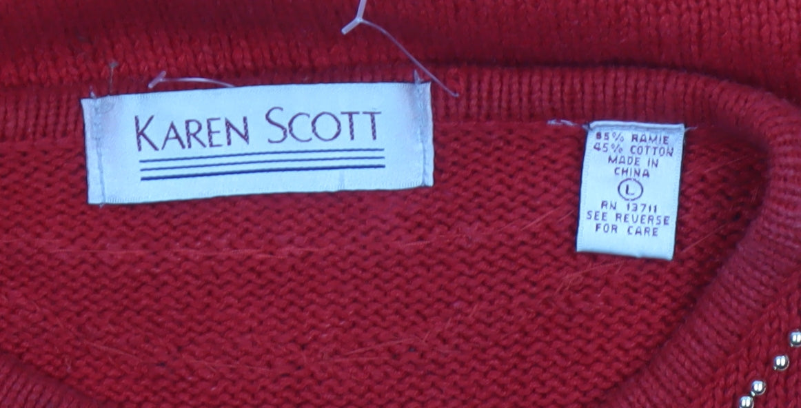 Brand and care label for Karen Scott unisex adults red l beaded ramie cotton jumper