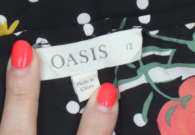Oasis Women Black UK 12 Floral Polka Dot Ruffle Camisole Tank Top