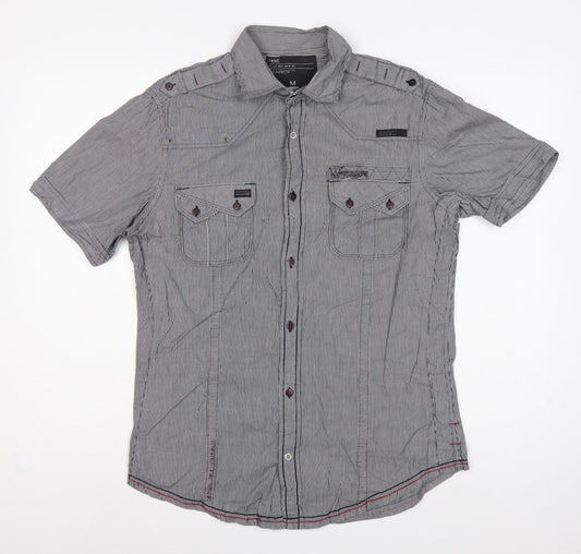 Back view of Next Men's Grey M Slim Fit Striped Military Pocket Short Sleeve Shirt