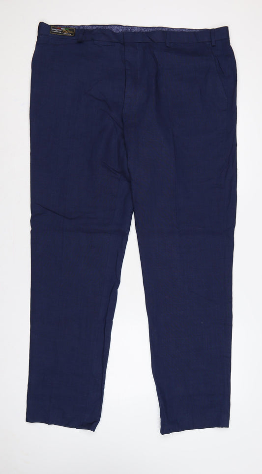 Additional front view of Marks & Spencer unisex blue 42 tailored linen blend straight trousers
