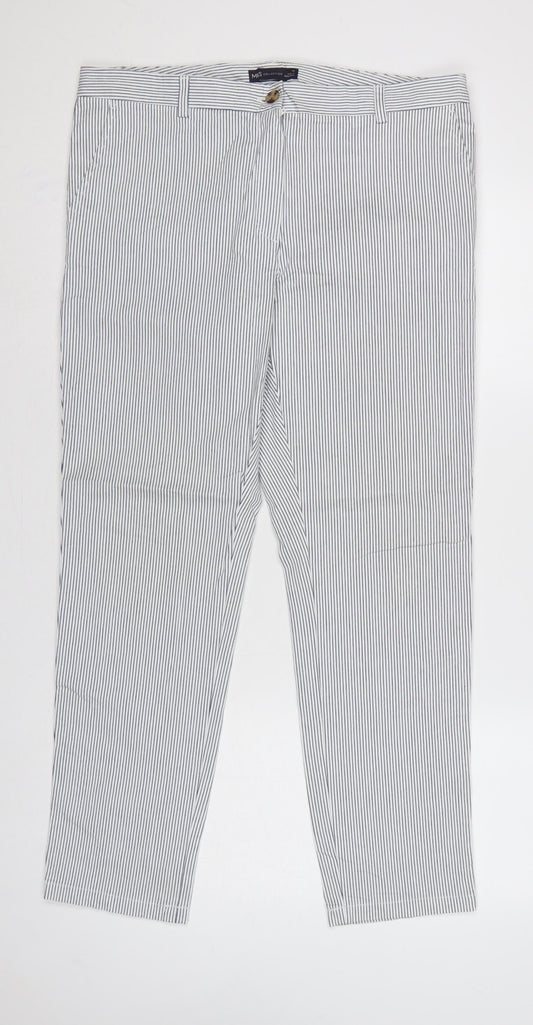 Marks & Spencer Women's White Blue Stripe UK 14 Regular Chino Trousers