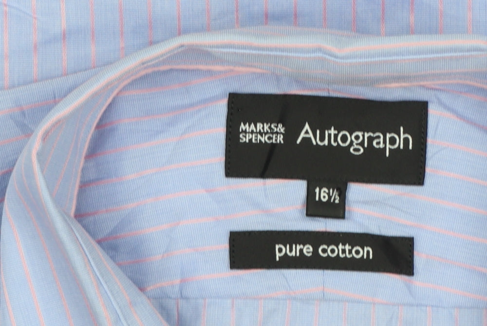 Marks and Spencer Autograph Men's Blue Pink Stripe 16.5 Cotton Dress Shirt