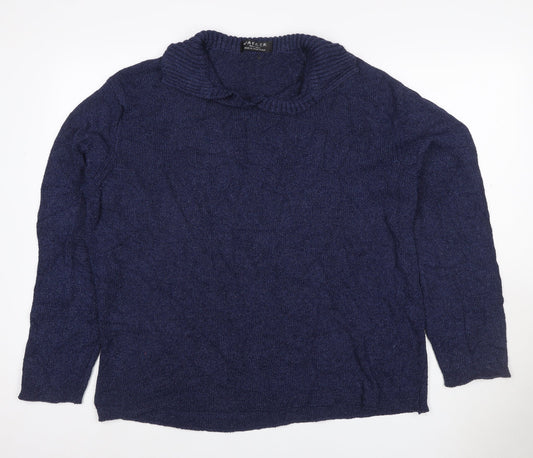 Additional front view of Jaeger Women Blue XL Cable-Knit Cowl Neck Silk Cotton Jumper