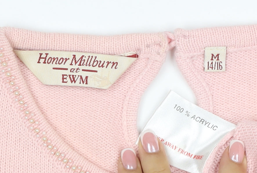 Brand and care label for Honor Millburn at EWM Women’s Pink, size UK 14, Cable Knit Beaded Jumper