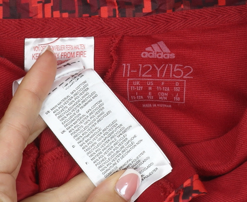 Brand and care label for adidas boys’ red 11-12 years pullover hoodie graphic print sports