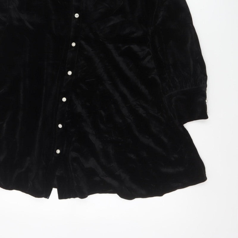 Zara Women Black M Velvet Fit & Flare Button Shirt Dress