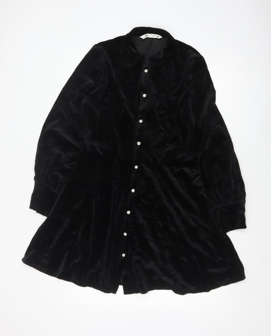 Zara Women Black M Velvet Fit & Flare Button Shirt Dress