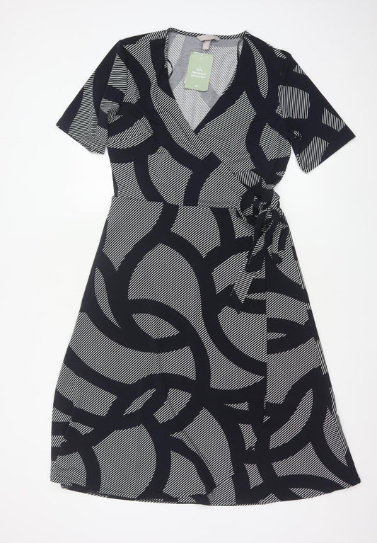 H&M Women Black Geometric Print Wrap Midi Dress Size M Tie Belt