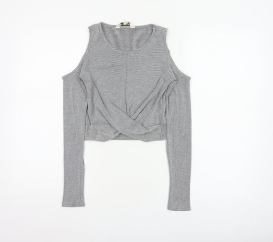 Additional front view of Miss Selfridge Women Grey UK 6 Cropped Cold Shoulder Ribbed Top